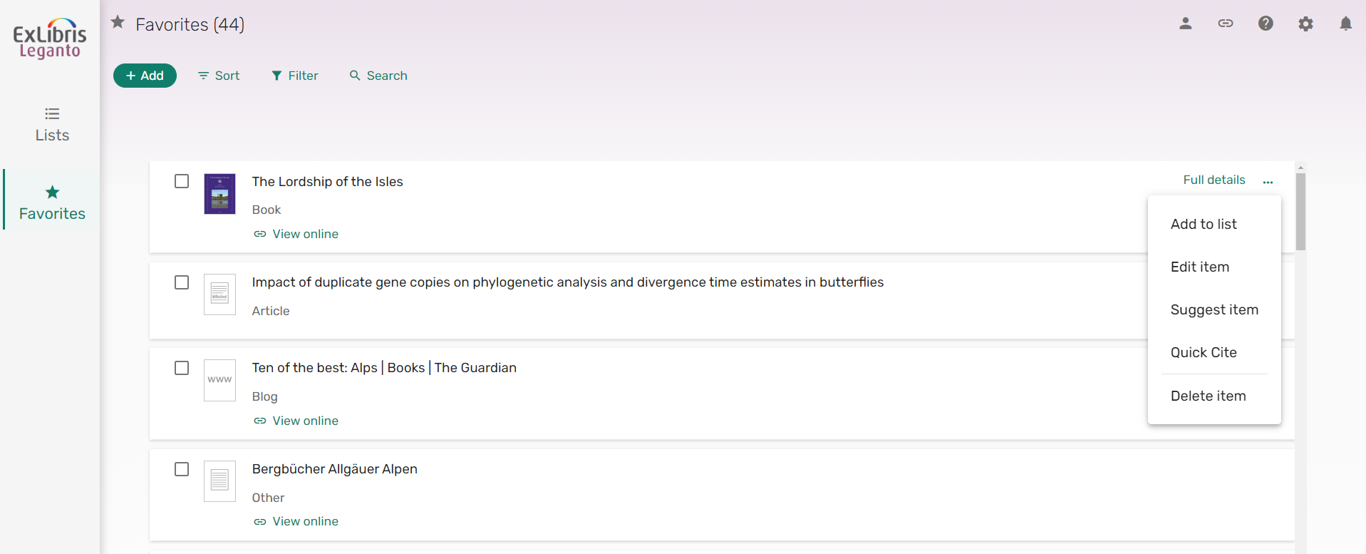 The option to add items to a list from Favorites.