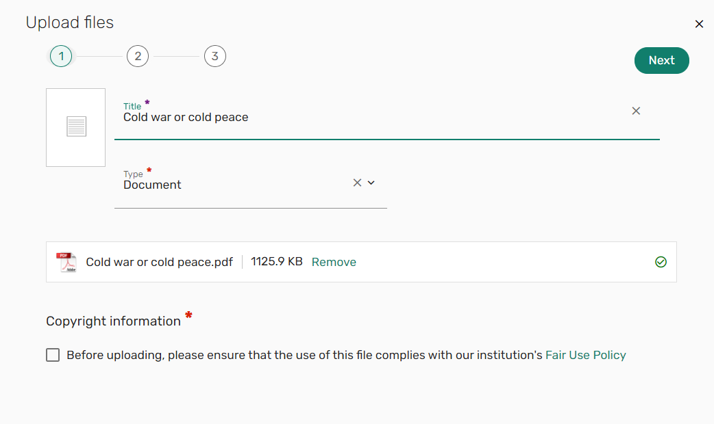 The option to configure that instructors must check a File Upload Copyright option when uploading a file.