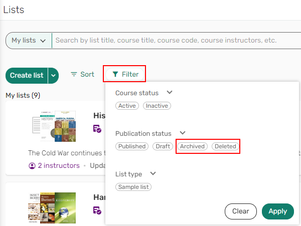 The archived and deleted list filter.