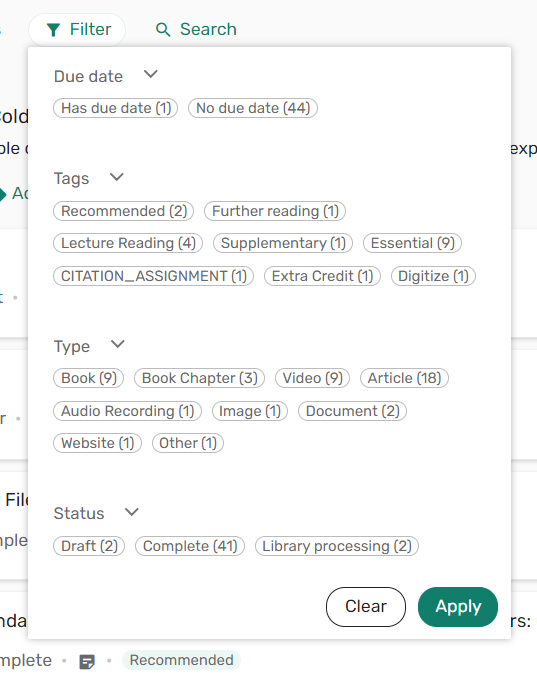 Filter options, including filter item by status.