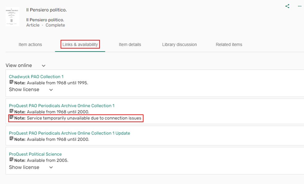 The service unavailable message on the Links & availability tab.