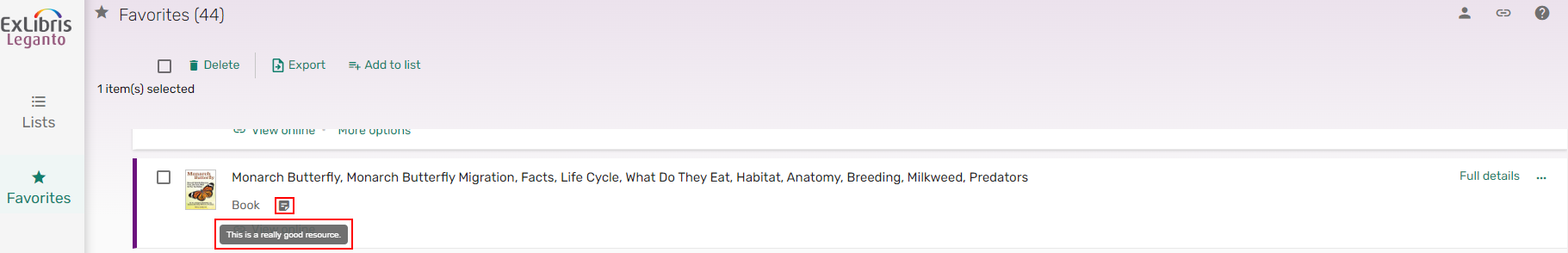 Displaying a private favorite note when hovering over the icon.