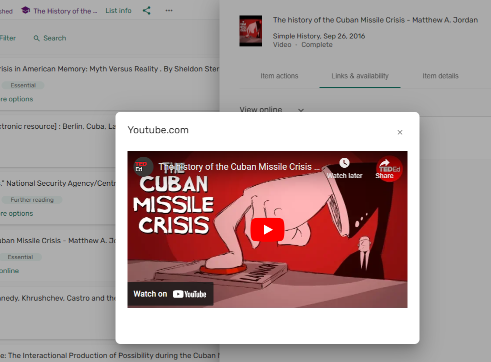 Watch a YouTube video in Leganto.
