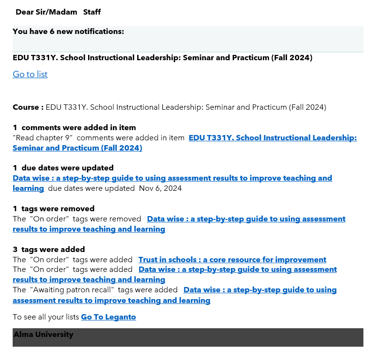 The Leganto Notifications Email Letter.