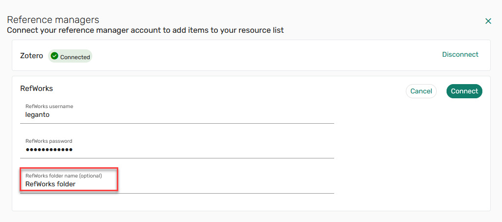 The Reference manager RefWorks folder setting.