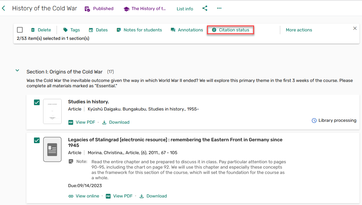 The option to update the citation status in bulk.