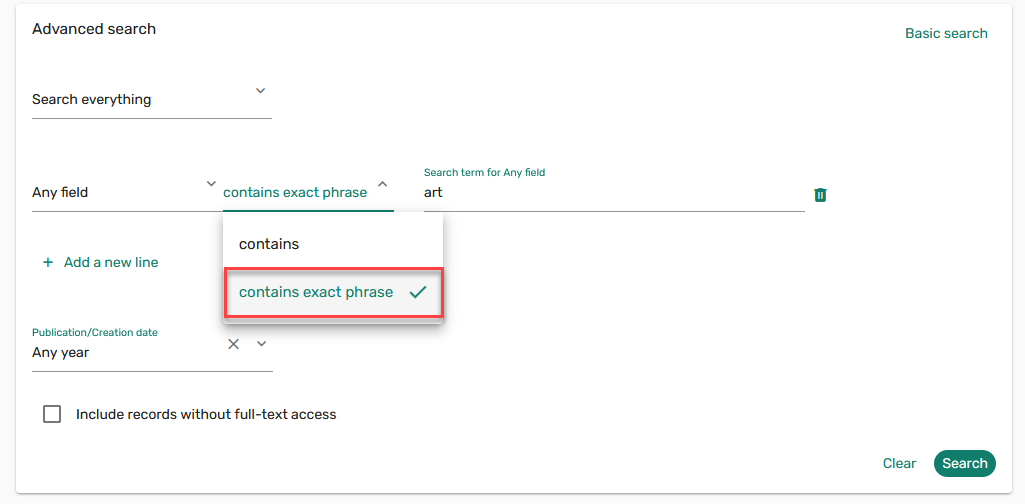 The option to search by exact phrase.