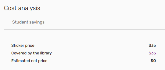 The sticker price on the cost analysis student savings tab.