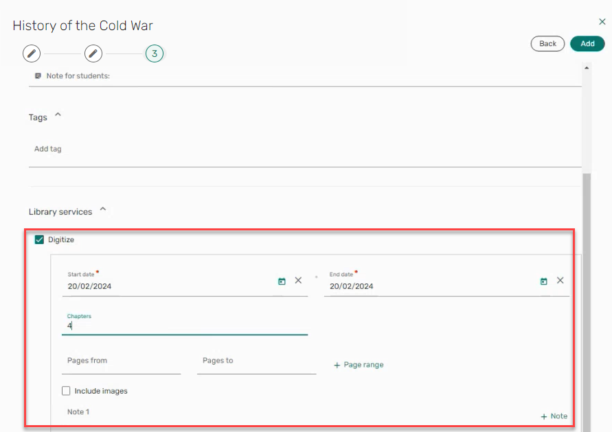 The option to request digitization when adding an item to a list.