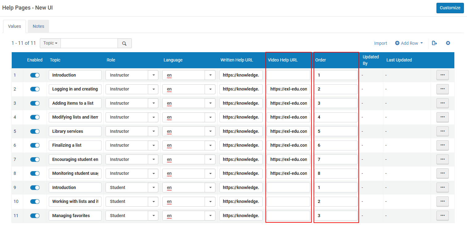 The order and video help URL columns on the help pages.