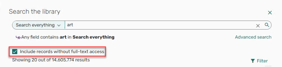 Rerun search with selecting Include records without full-text access.