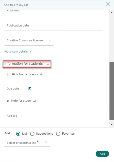 Information for students section.