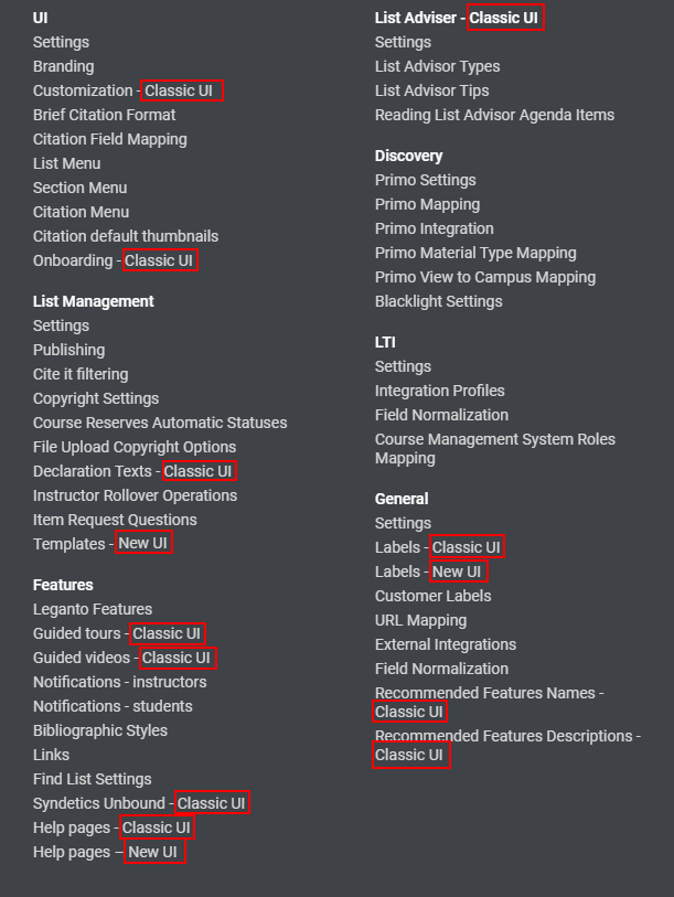 Classic/New UI menu label indicators.