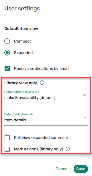The librarian user settings.
