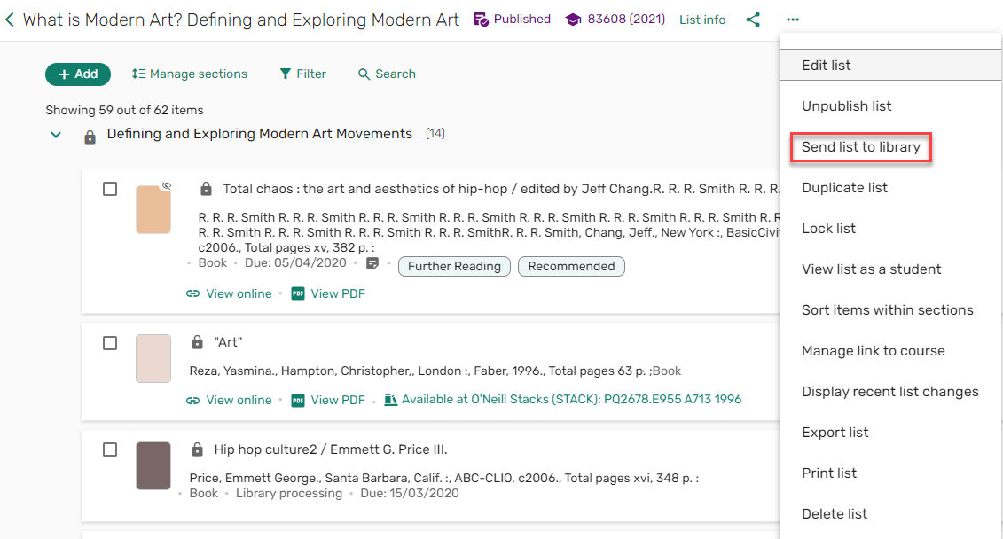 The send list to library action in the list menu.