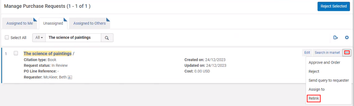 The option to relink a purchase invoice.