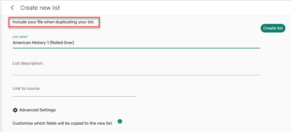 The rollover list message to instructors.
