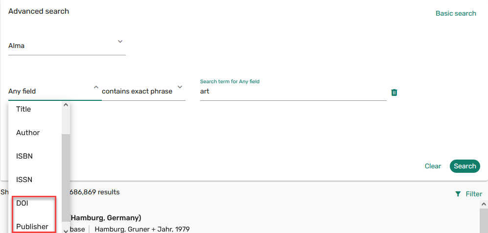 The option to search by DOI or Publisher field