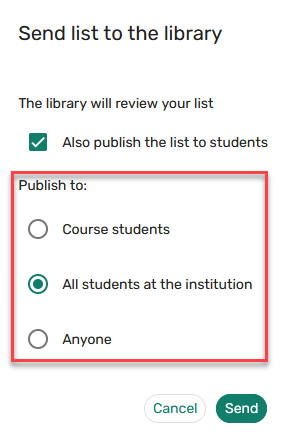 The send list to the library Publish to options.