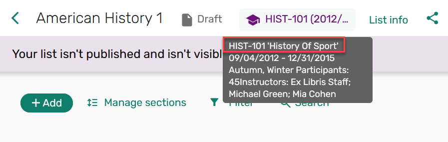 The course code in the tooltip.