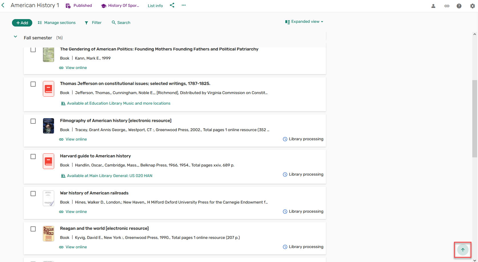 An up arrow to direct the user to the top of the list/search.