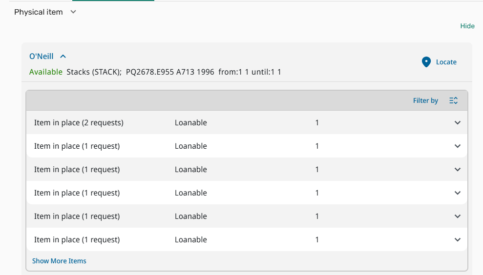 A screenshot of Leganto offering information about an item's physical availability.