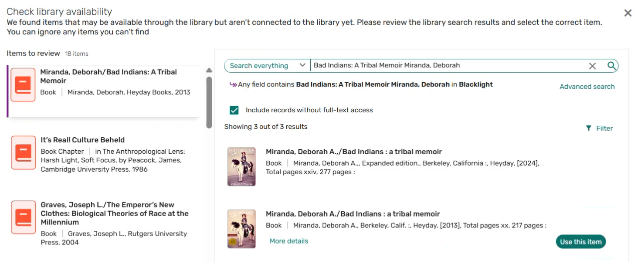 The Check library availability menu.