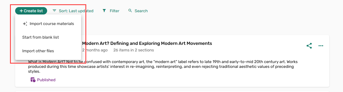 The dropdown menu in the +Create list button.