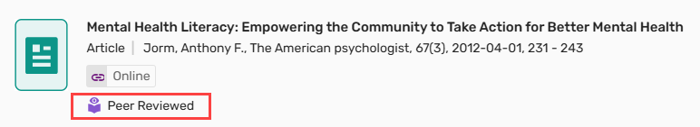 The new Peer Reviewed indicator displayed in Leganto.