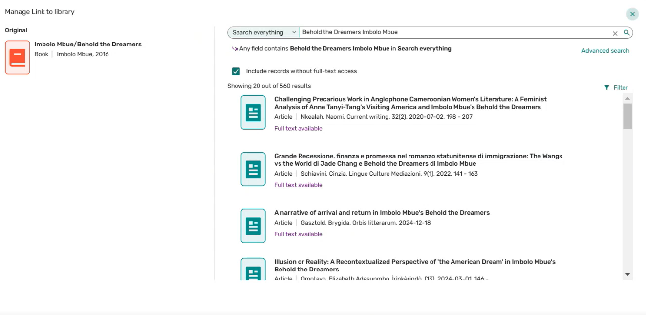 The manage link to library window.