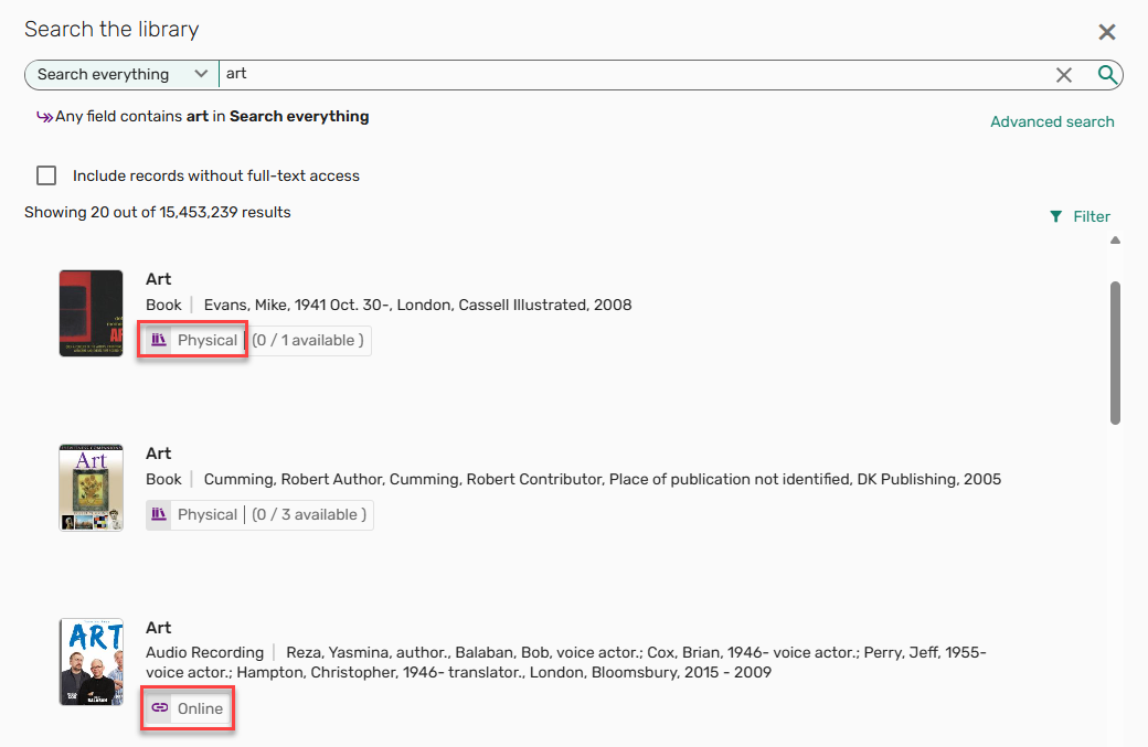 Availability options when searching the library.