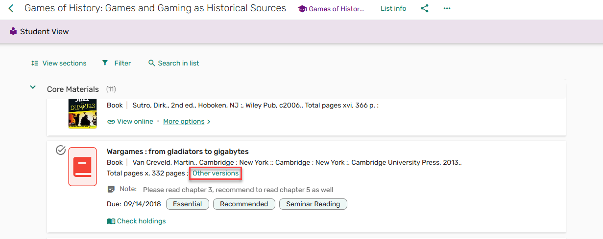 The option for a student to view other versions.
