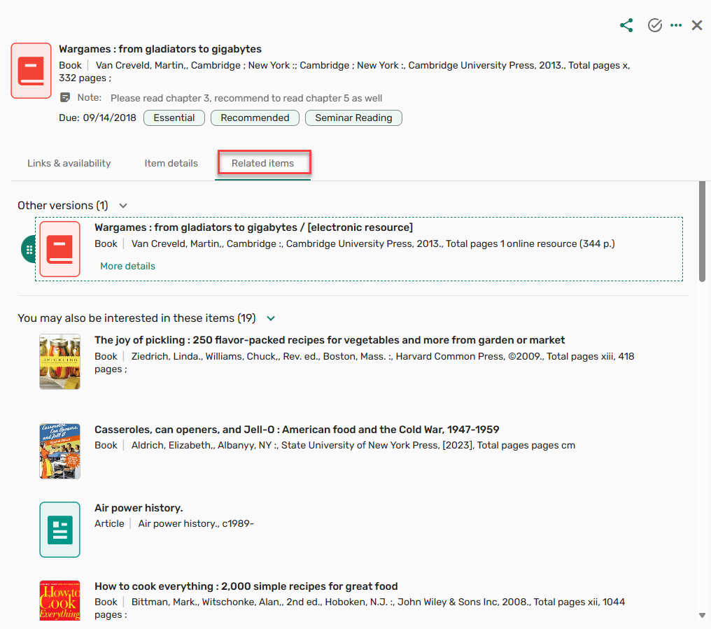 The related items tab in student view.