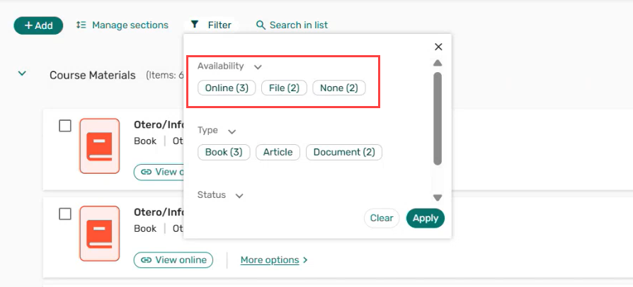 Availability filter.