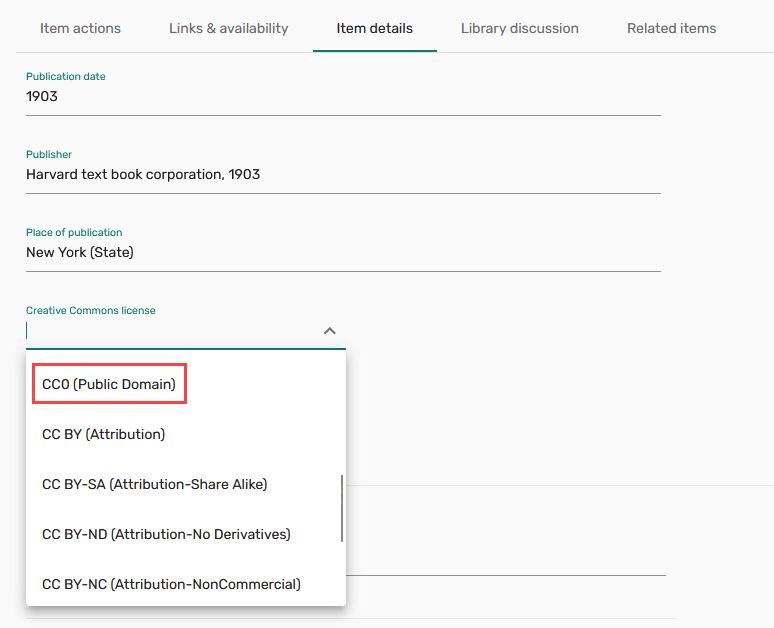 CC0 (Public Domain) license option in Leganto.