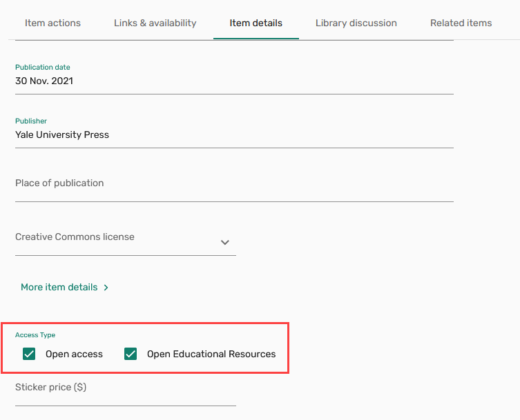 Open access and OER checkboxes when editing an item.