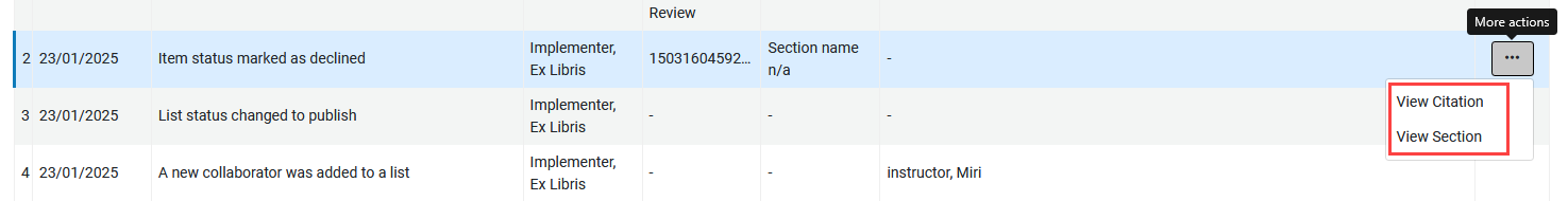 Options to view relevant section or item.