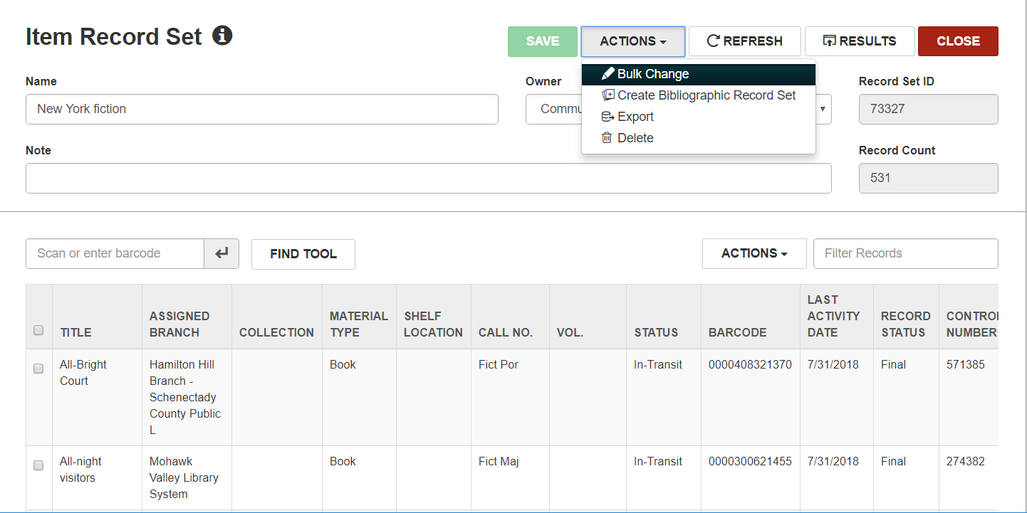 Click to Expand Item Record Set > Actions > Bulk Change