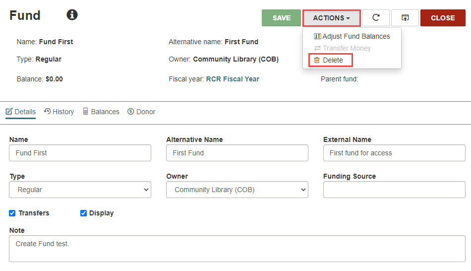 Click to expand Fund workform, Delete option