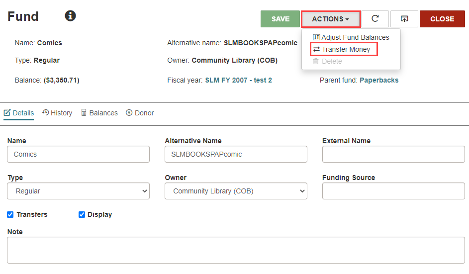 Click to expand Fund workform, Transfer Money option.