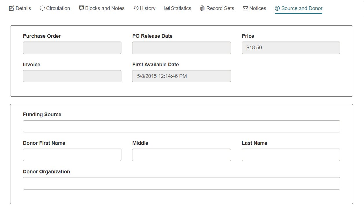 Item Record workform, Source and Donor