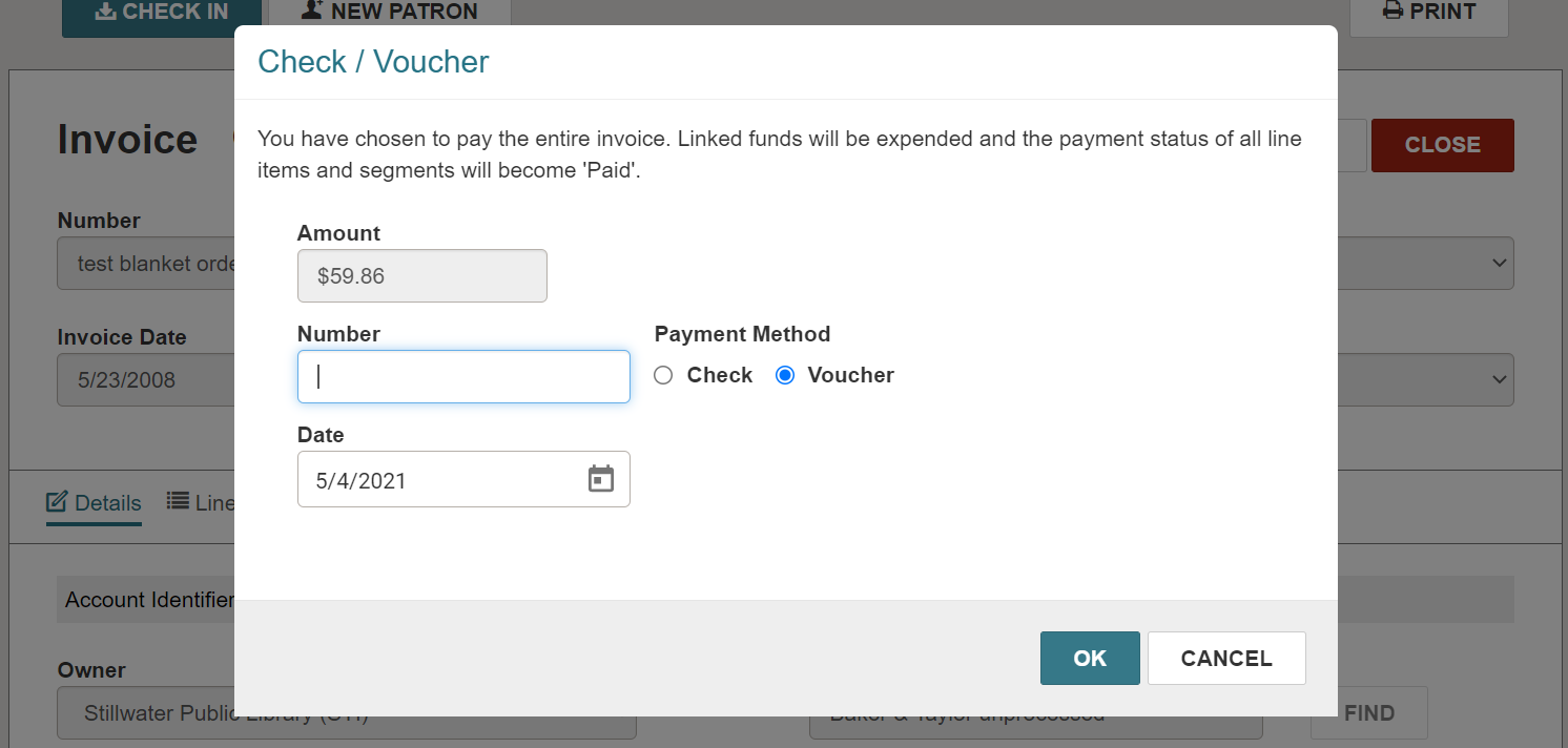 Click to expand Check / Voucher dialog.