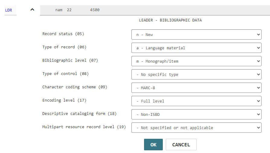 Click to expand Editing the Leader in a bibliographic record