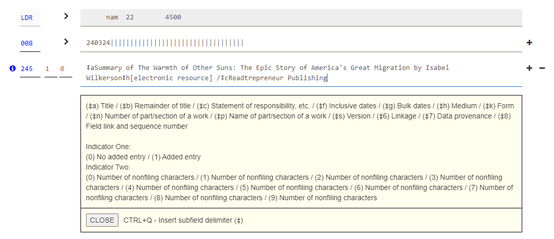 Click to expand Editing tag data in a bibliographic record