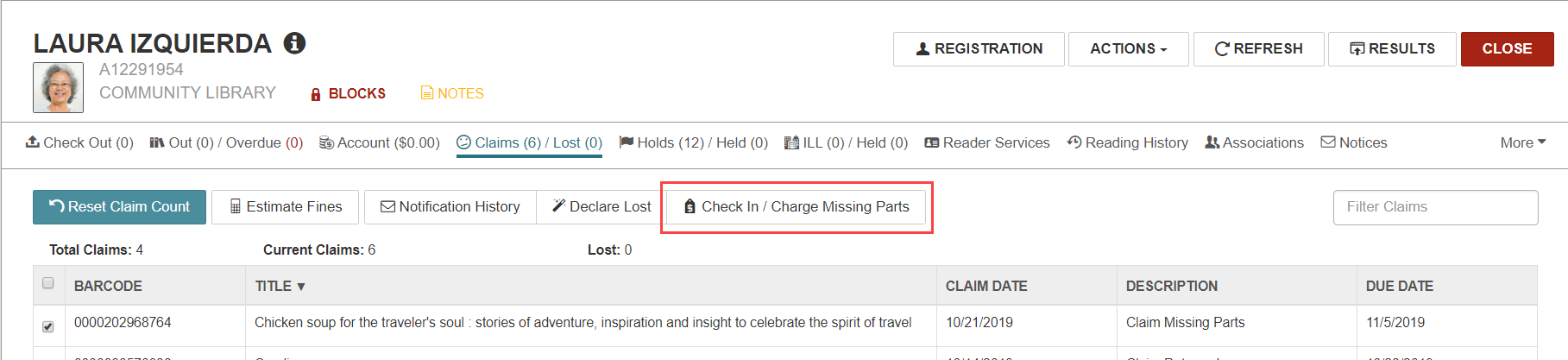 Click to expand Patron Record workform, Check In / Charge Missing Parts tab.