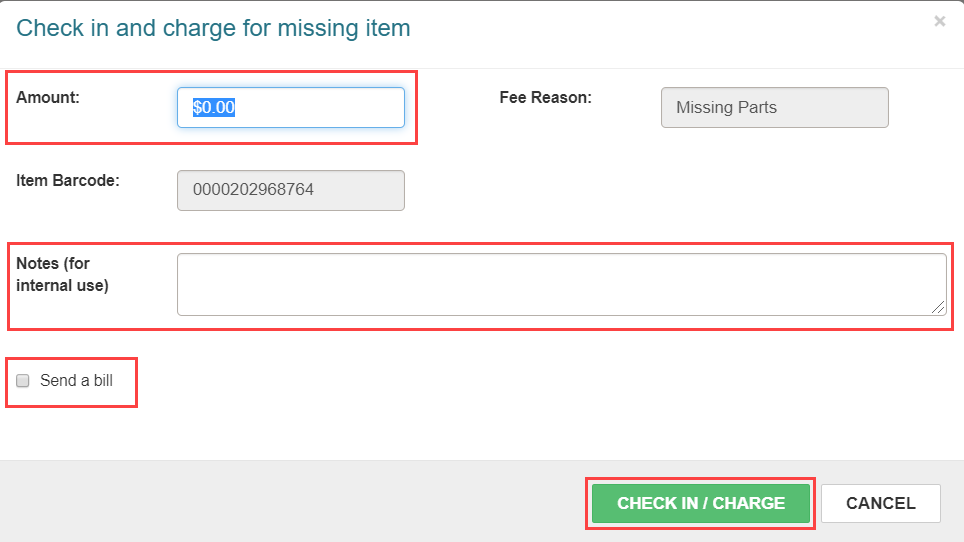 Click to expand Check in an charge for missing item dialog