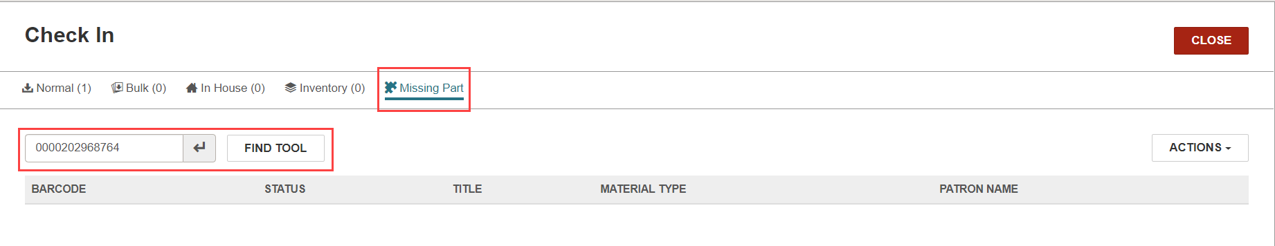 Click to expand Check In workform, Missing Part view.