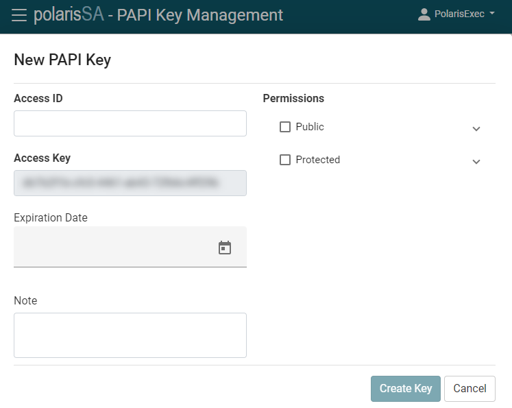 Click to expand New PAPI Key dialog