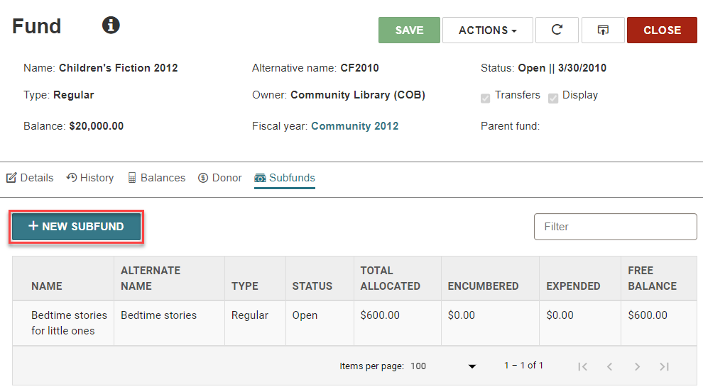 Click to expand Fund workform, New Subfund button.
