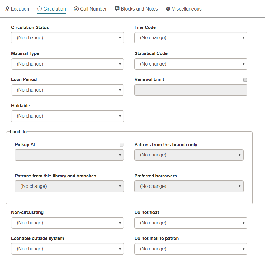Click to Expand Item Bulk Change, Circultation view